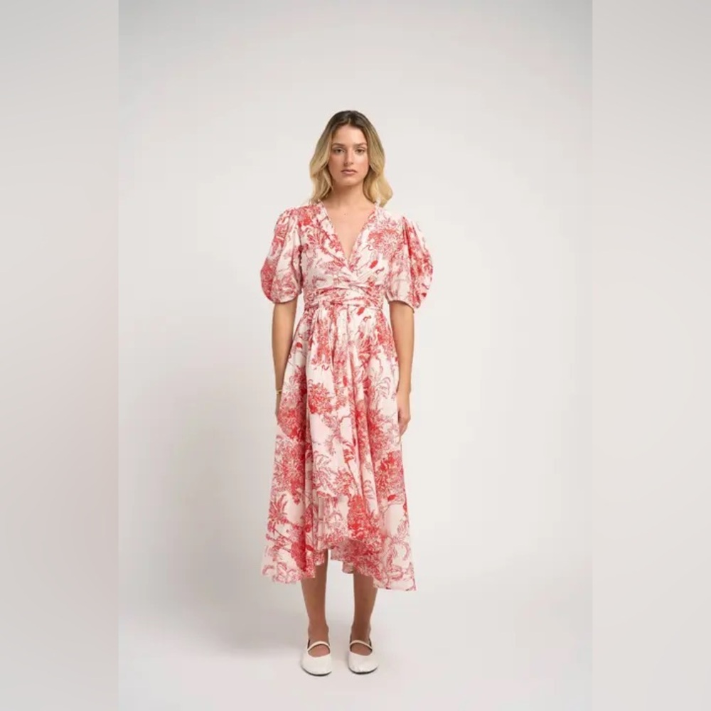 Floral Wrap Midi Dress in Coral Pink - Picture 2 of 8